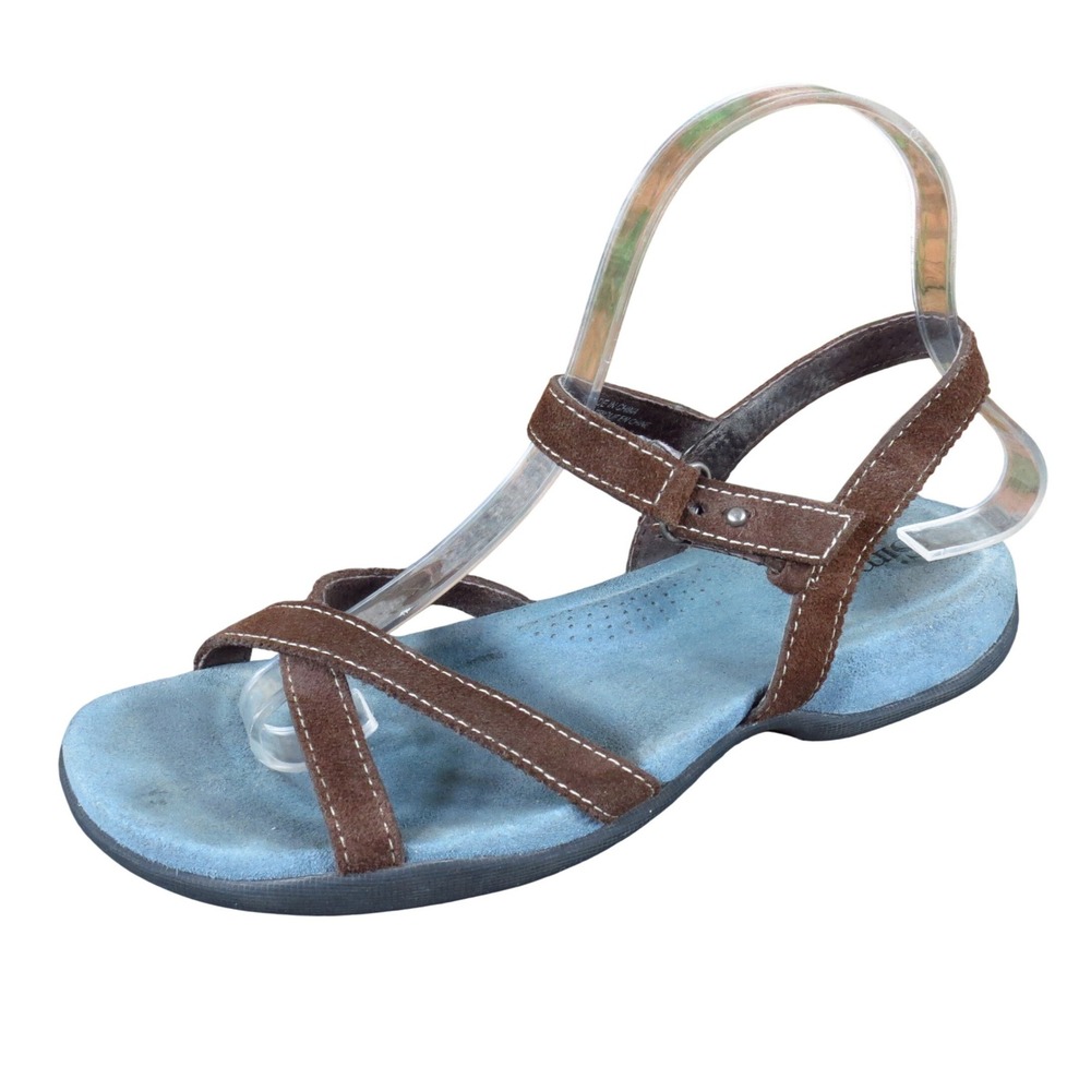 Simple Strappy Women Shoe Sandal 7 Walking Travel Brown Suede Blue Footbed